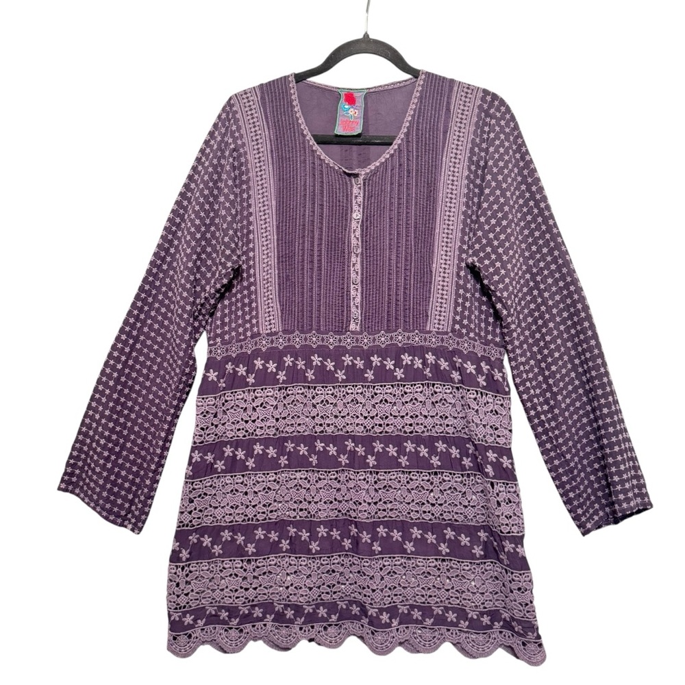 Johnny Was Purple Pleated Bib Eyelet Floral Lace Long Sleeve Tunic Top Sz S